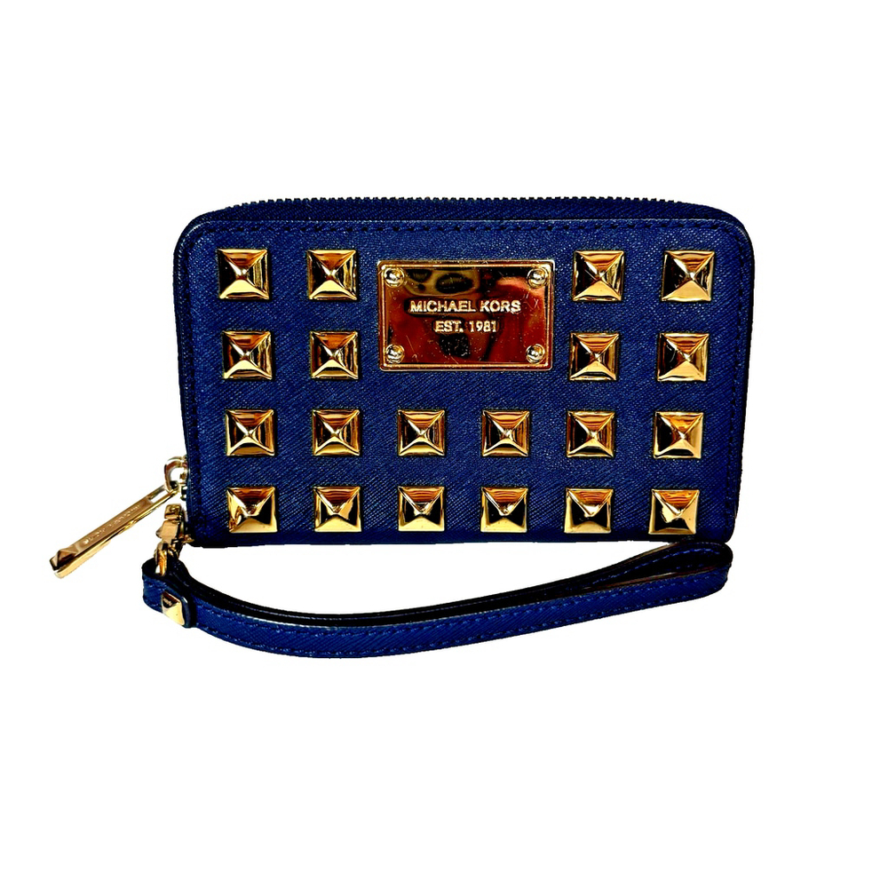 Michael Kors Navy and Gold Studded Grayson Wristlet Small Clutch - Picture 2 of 15